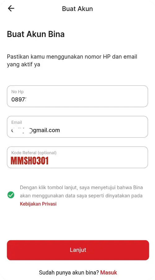 Cara Daftar dan Memasukkan Kode Referral BINA (Bank INA)